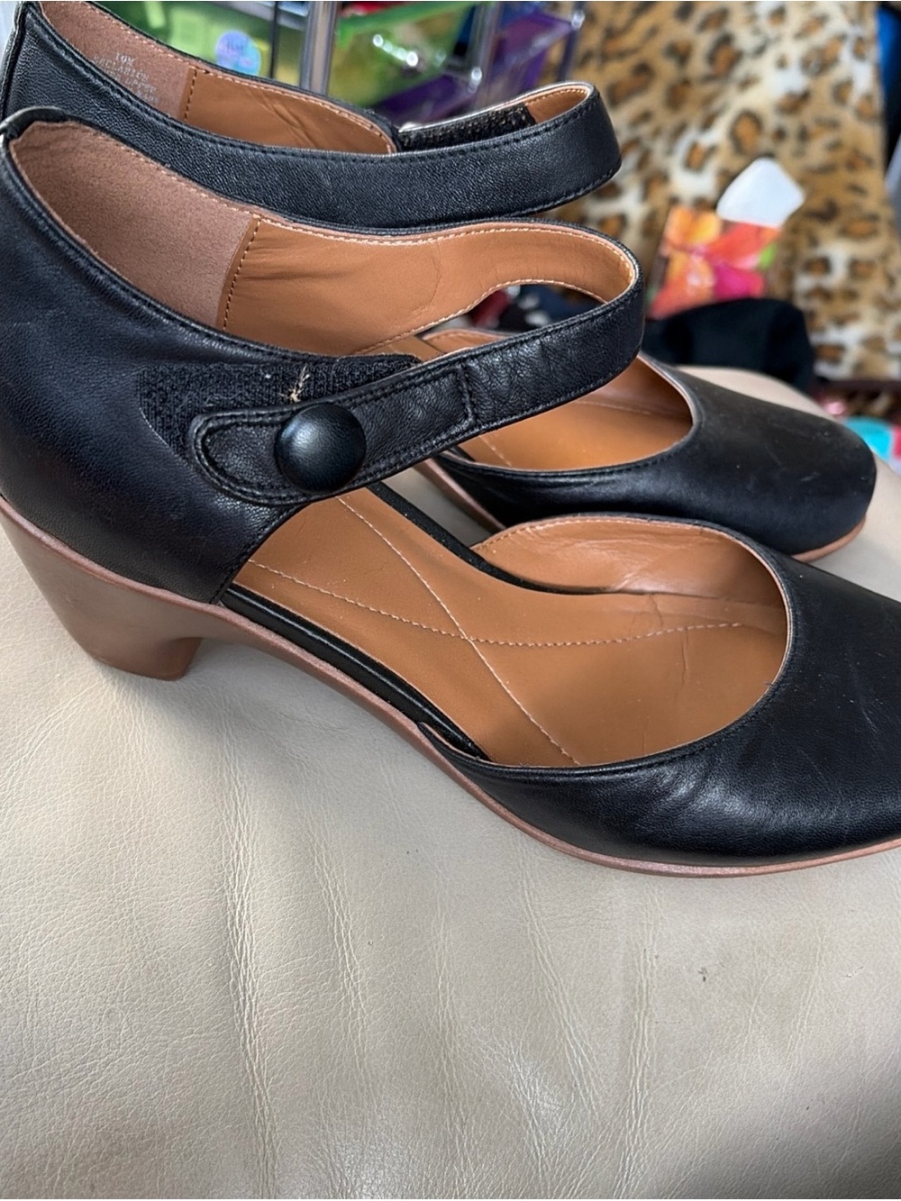 Easy Spirit Clarice Classic Black Genuine Leather Mary Jane Block Heels Size 10M